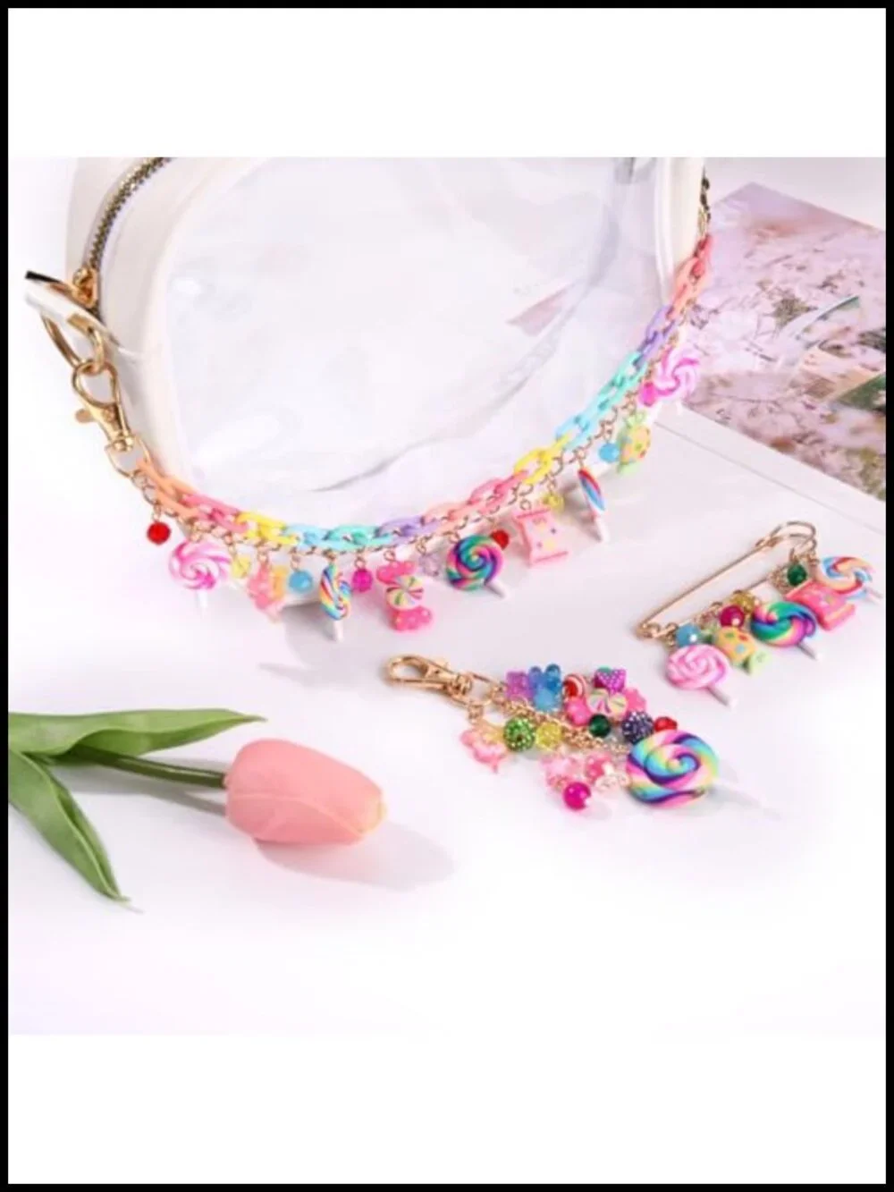 3PCS Candy Bag Charms Keychain Brooch Set